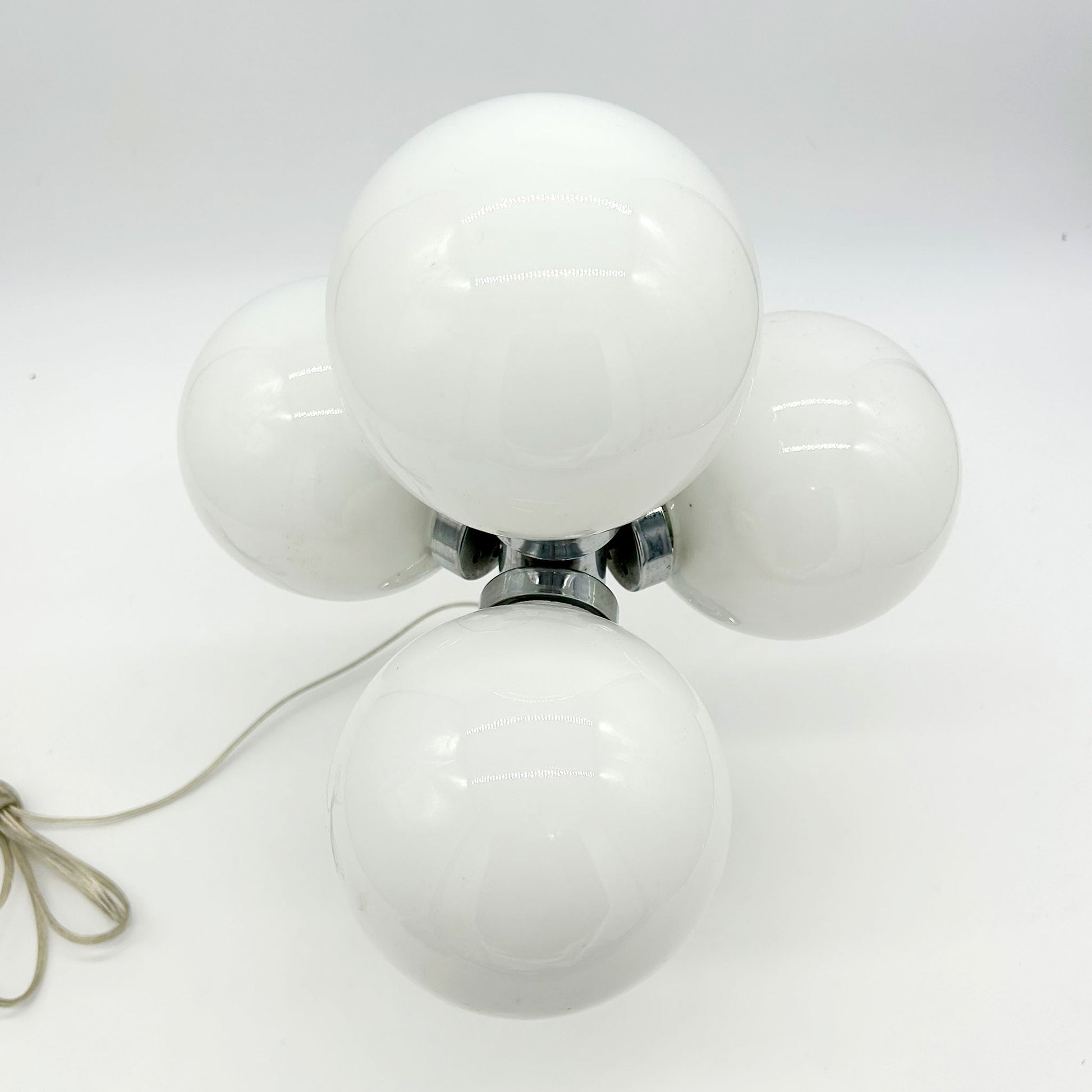 bottom view of Chrome Sputnik Pendant Lamp with Opaline Glass