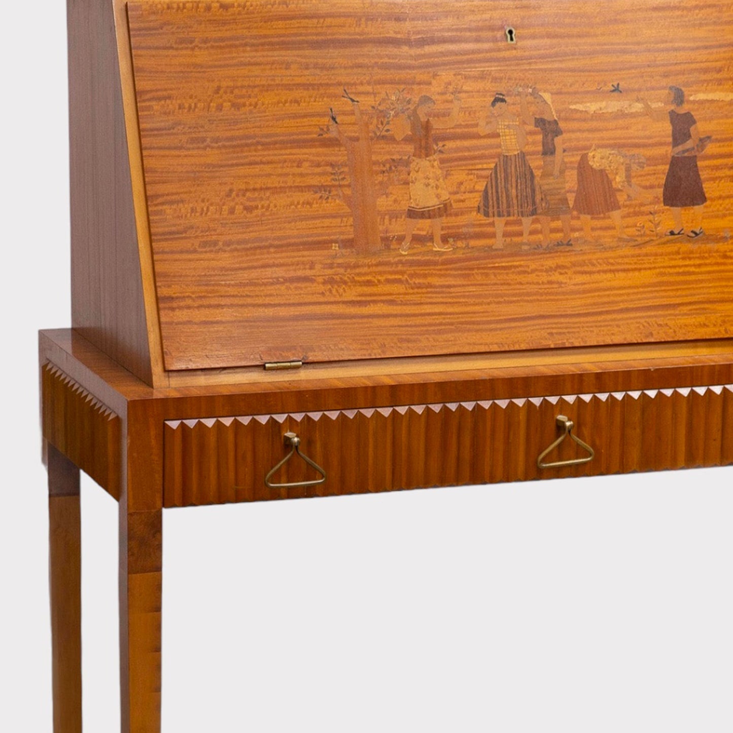 close up of marquetry on Inlaid Maple Slant Front Bureau with Fluted Drawers