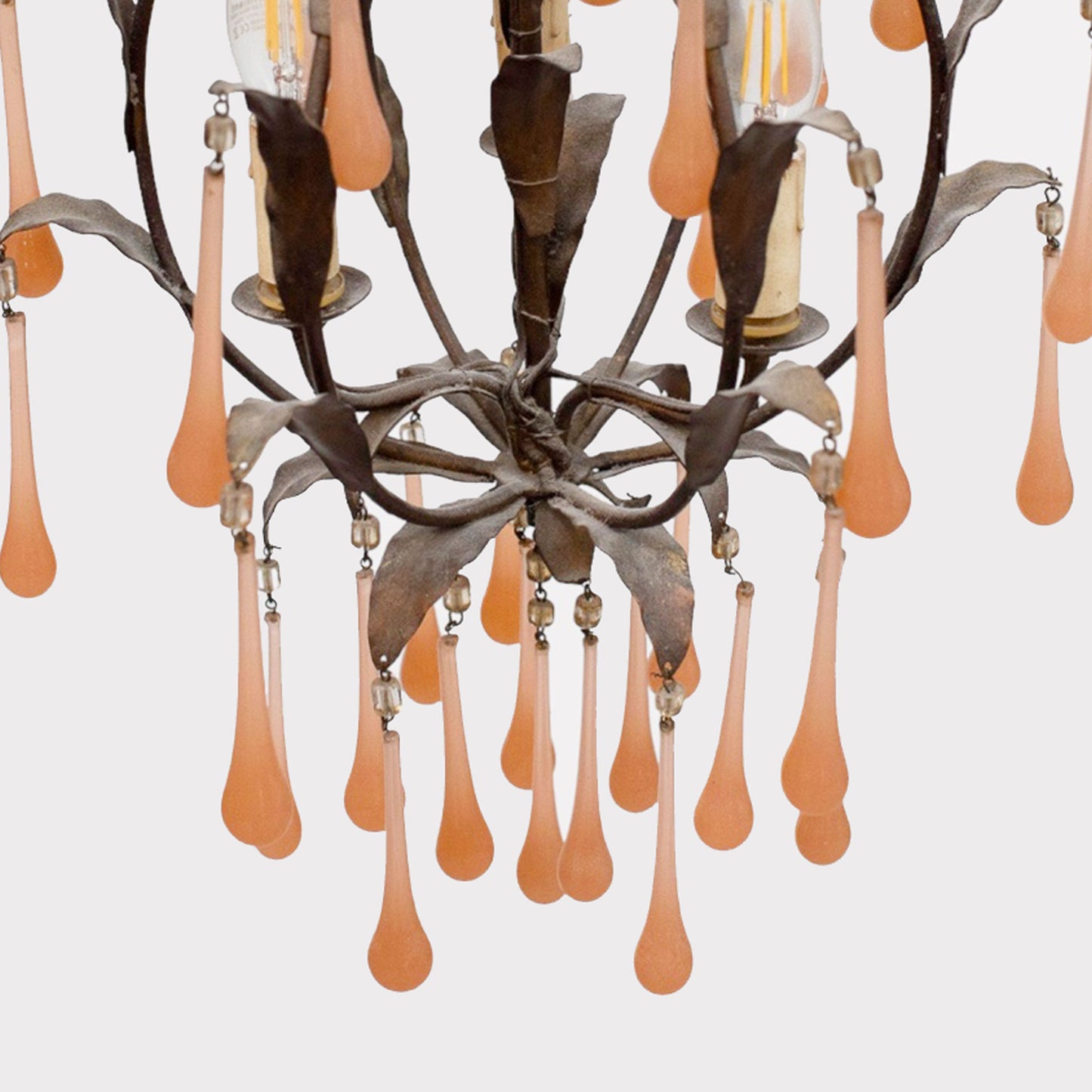 detail of drop on Italian Pink Opaline Drop Murano Glass Chandelier