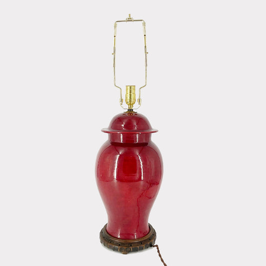 Red Mid Century Lamp on Wood Base