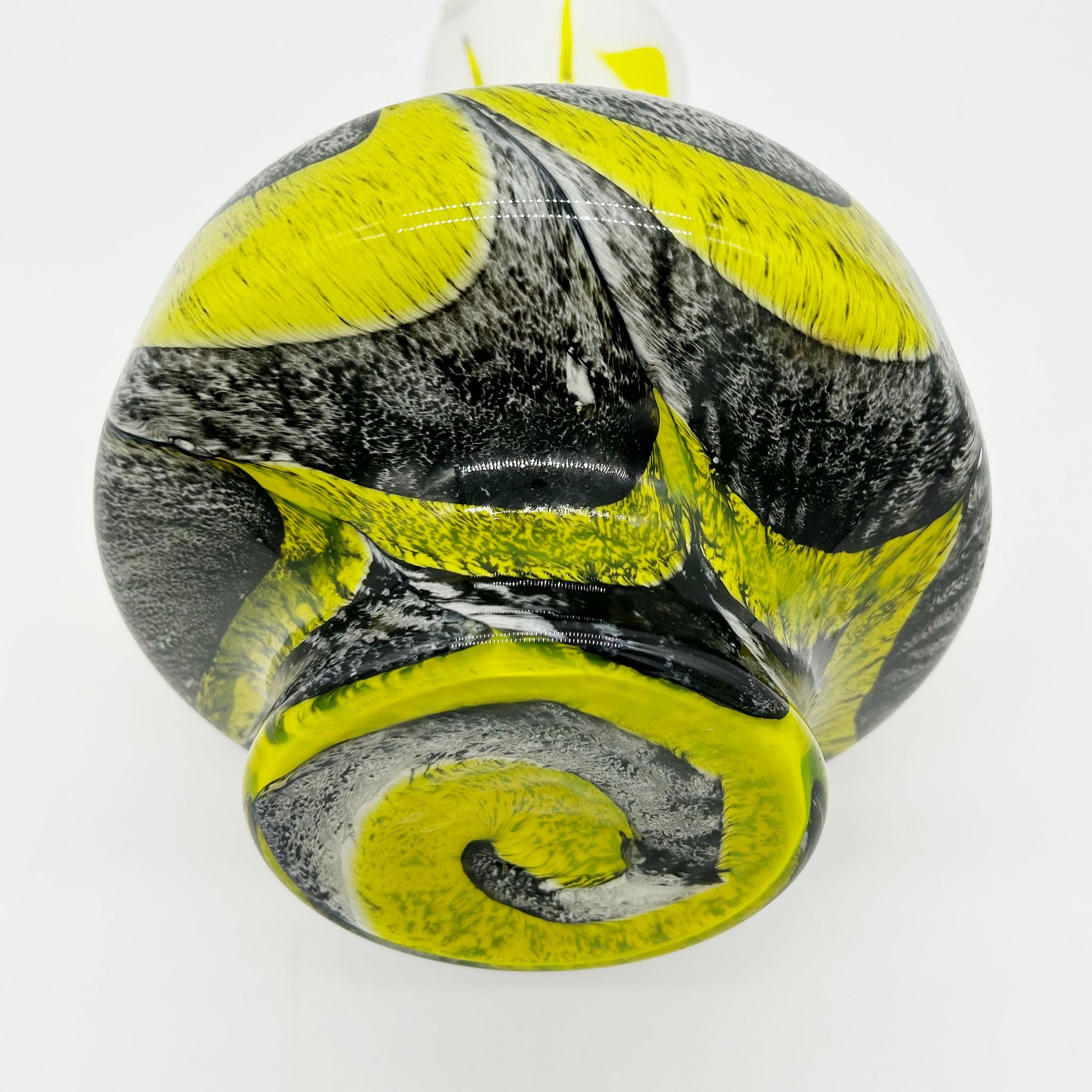 bottom view of Black, White and Yellow handmade Murano glass pitcher